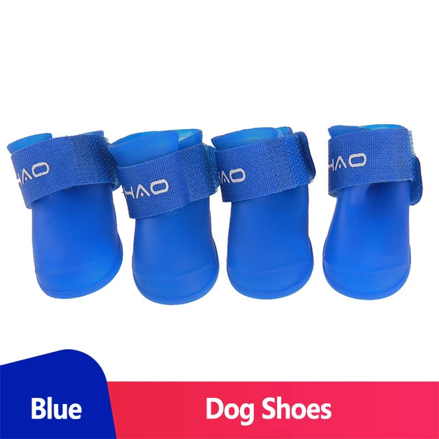 waterproof dog boots (Anti-Slip Rain Shoes) in blue color with adjustable straps for secure fit.