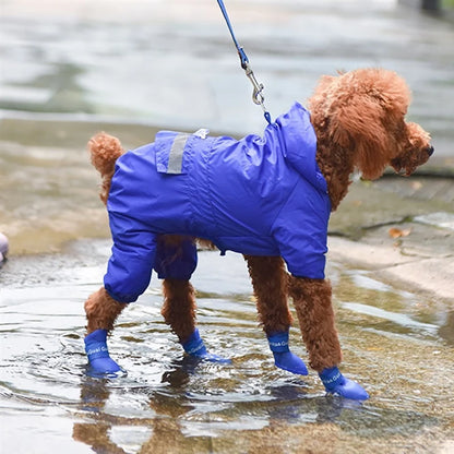 A dog wearing waterproof dog boots (Anti-Slip Rain Shoes) splashes in puddles while on a walk.