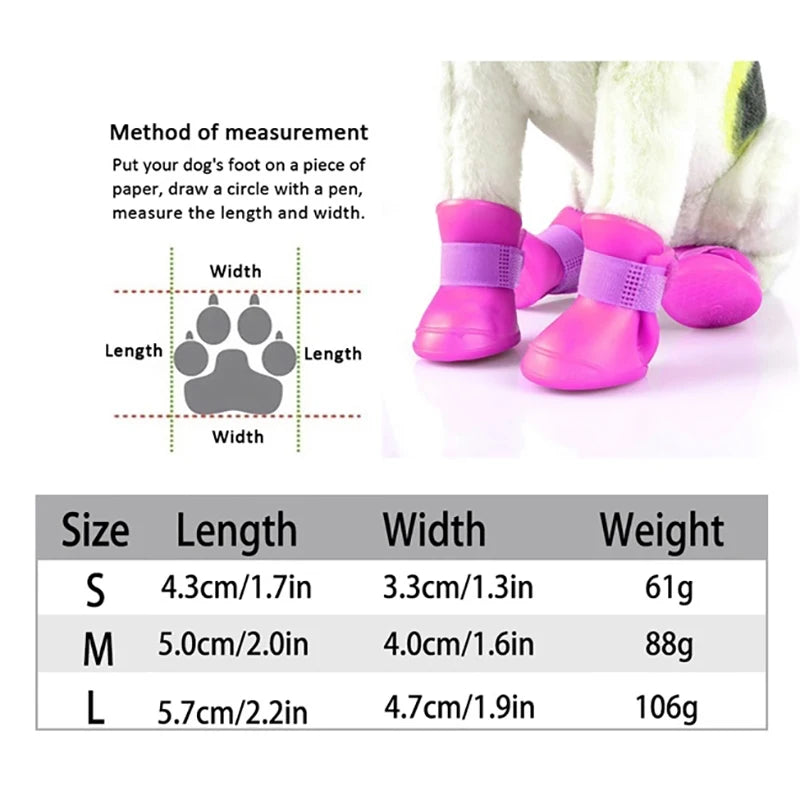 Waterproof dog boots (Anti-Slip Rain Shoes) measurement guide with size chart and instruction for pet paws.
