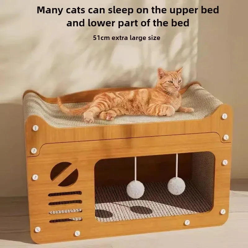 Cat lounging on a chew proof scratching board for cats with cozy hideout and toys.