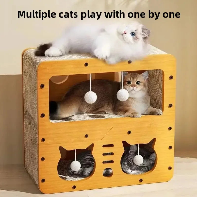 Multiple cats play with a chew proof scratching board for cats in a cozy hideout.