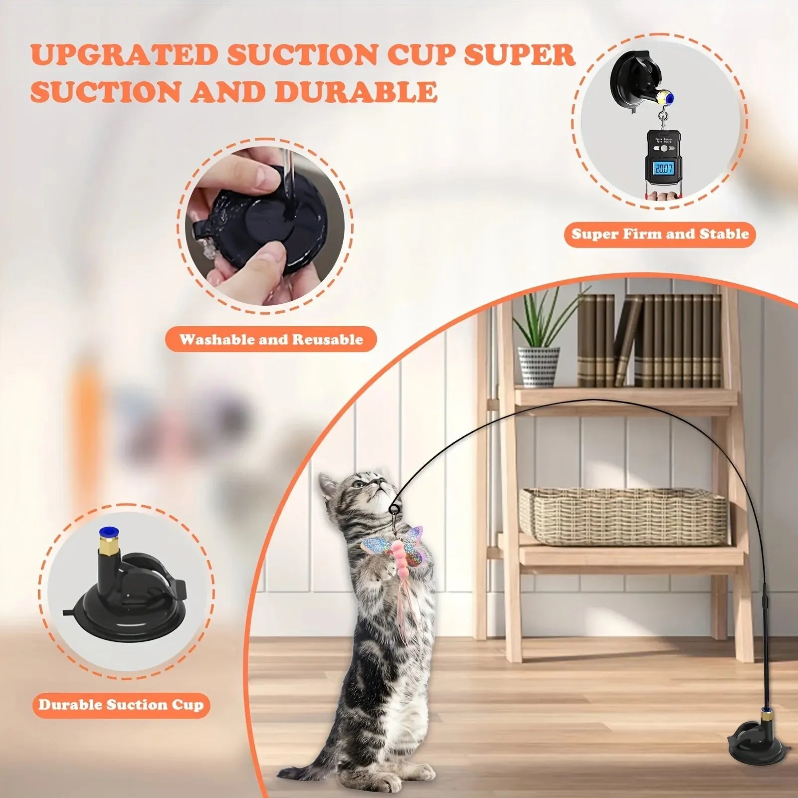 Cat Teaser Toy with upgraded suction cup, showcasing durable material and a playful cat interacting with it.