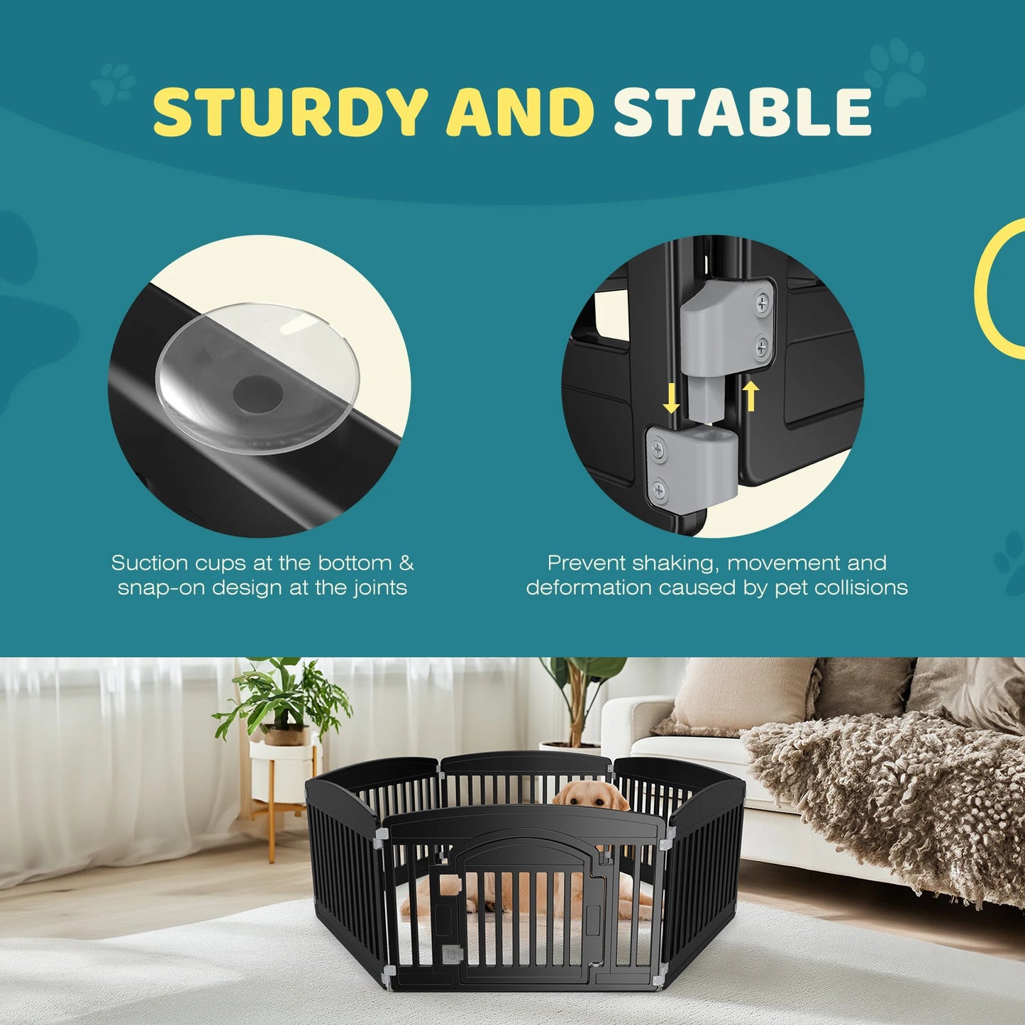 dog playpen 6 panel fence featuring sturdy suction cups and snap-on design for added stability.