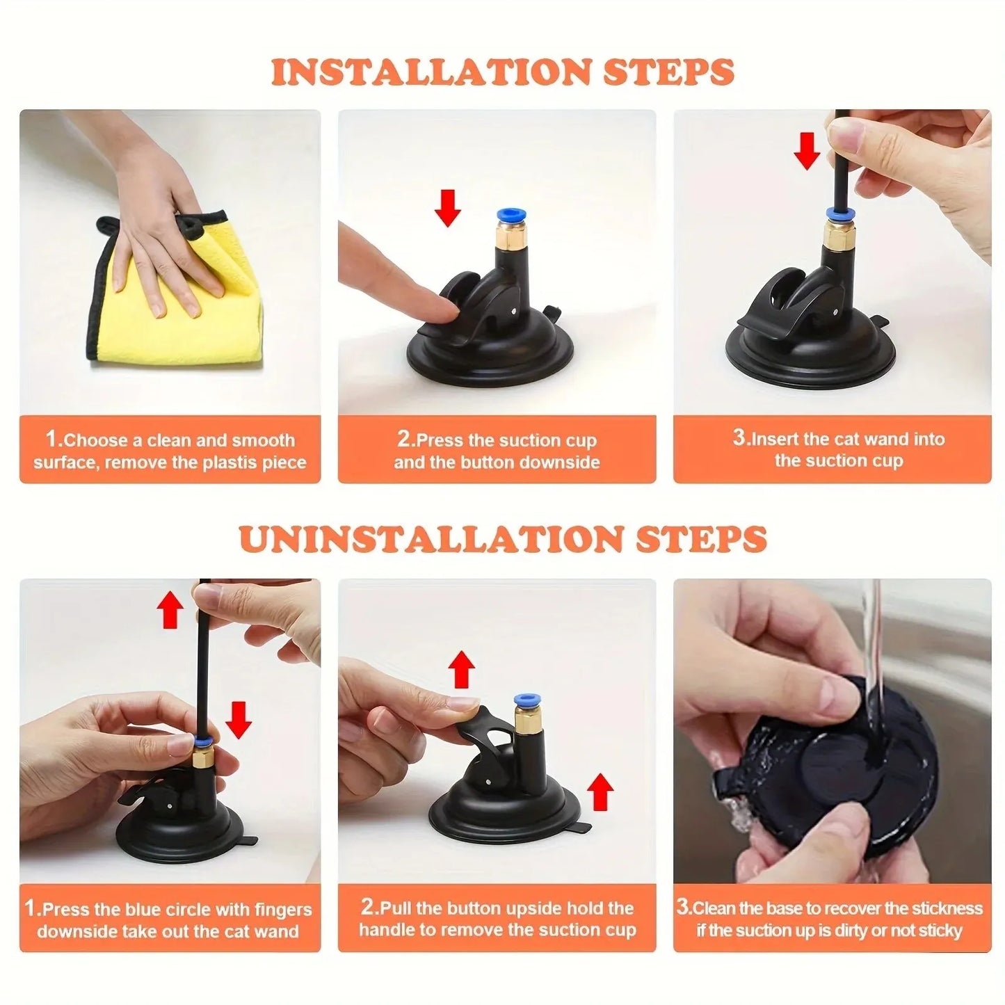 Installation and uninstallation steps for Cat Teaser Toy suction cup attachment.