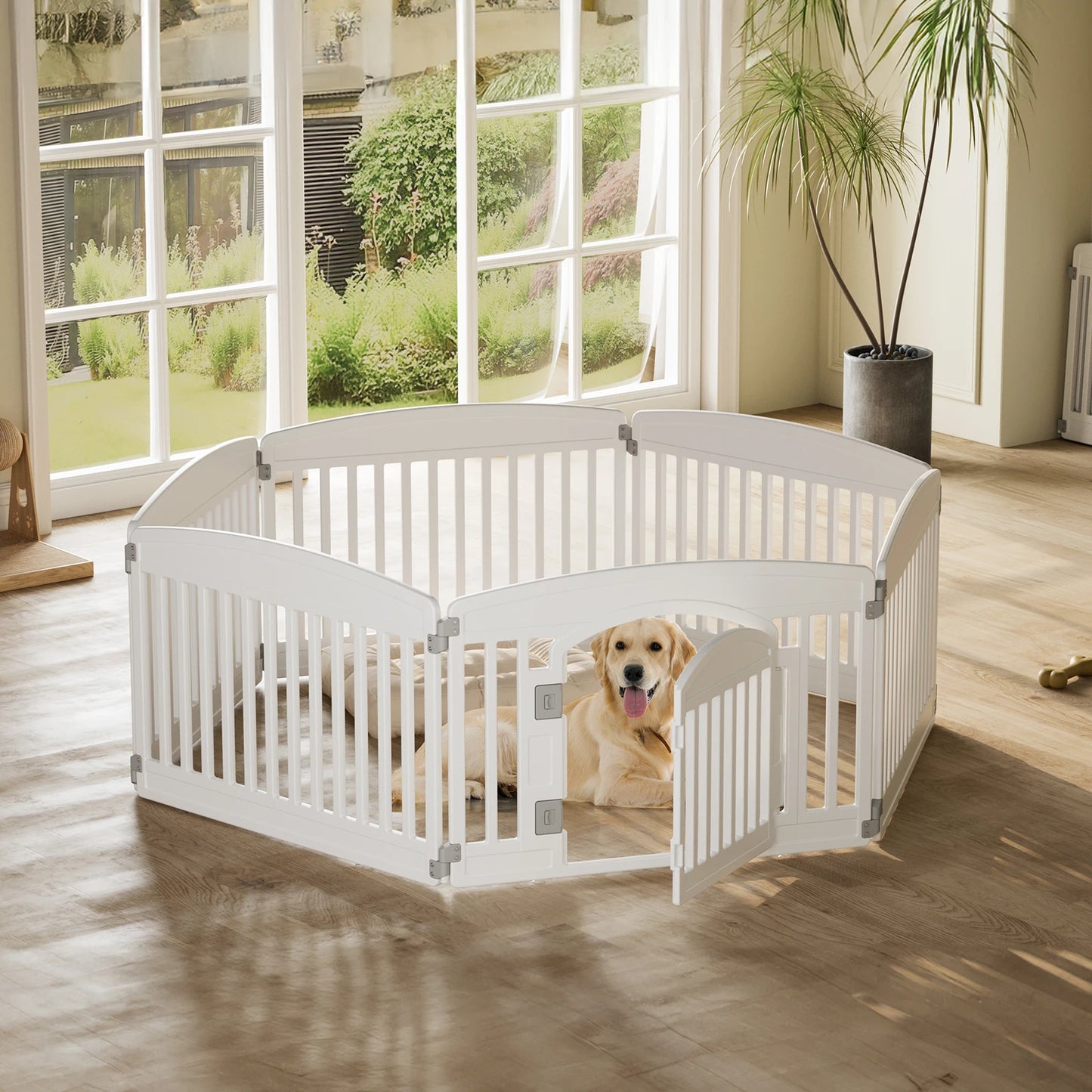 Dog playpen 6 panel fence featuring a happy dog inside, providing a safe play area indoors.
