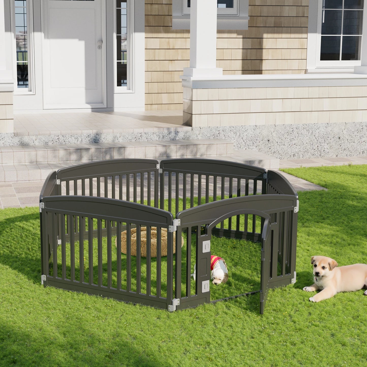 dog playpen 6 panel fence on grass with two puppies playing outside near a house.
