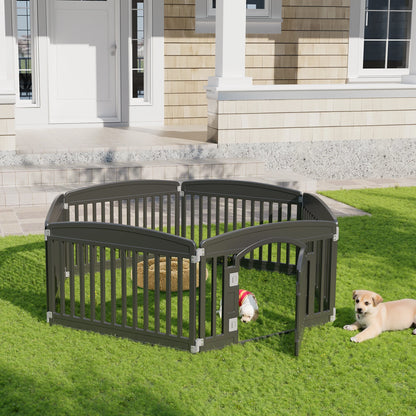 dog playpen 6 panel fence on grass with two puppies playing outside near a house.