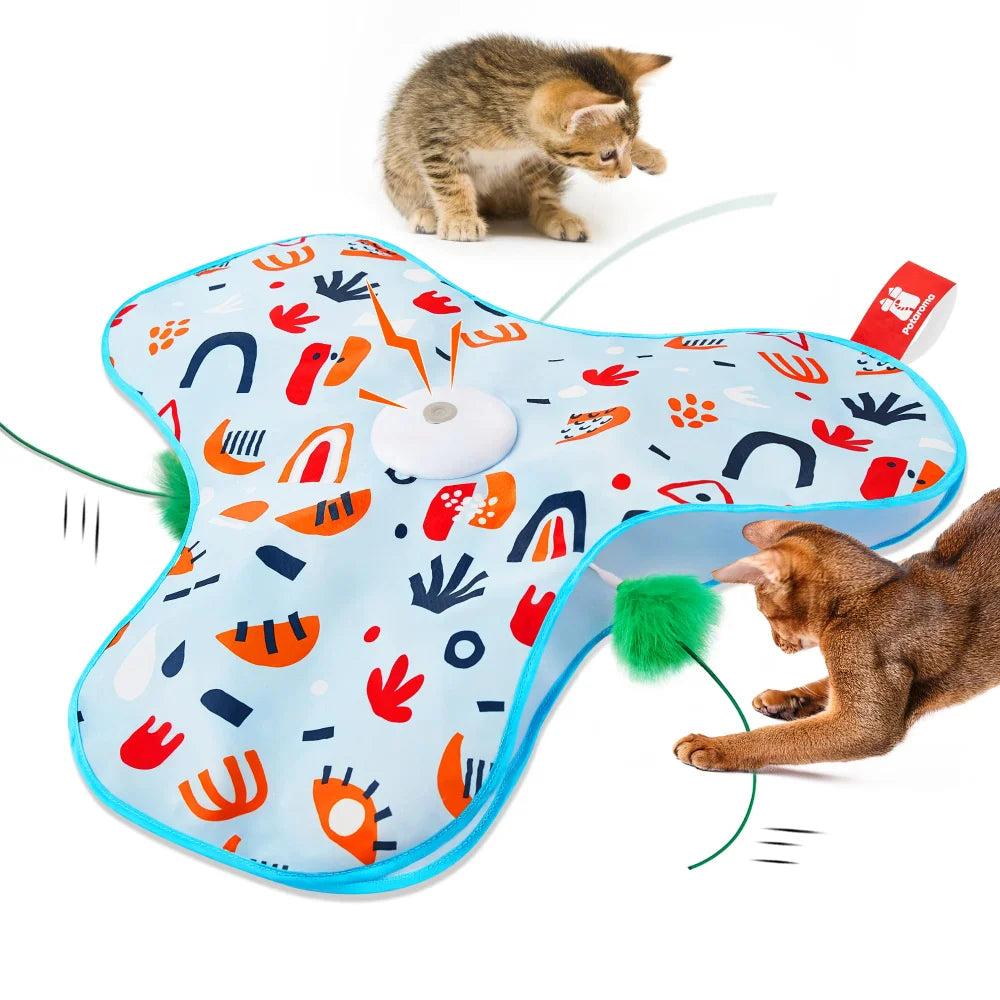 Interactive Cat Toy (Hide & Seek Mouse) with playful cats engaging with feather and motion-activated features.