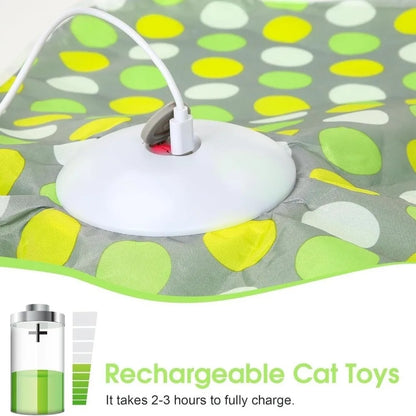 Interactive Cat Toy (Hide & Seek Mouse) rechargeable charging base on a colorful dotted mat for fun cat play.