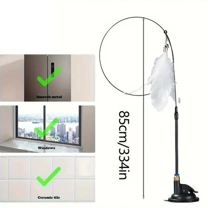 Cat Teaser Toy featuring feather attachment and suction base for smooth surfaces like metal, windows, and ceramic tile.