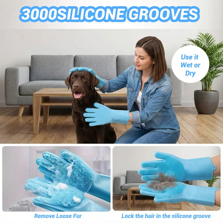 Upgraded Pet Hair Remover Gloves | Gentle Deshedding Grooming Tool | Dogs Cats Horses Long & Short Hair Care in use
