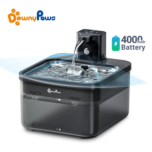 Smart wireless cat water fountain with flowing water and rechargeable battery for fresh drinking.