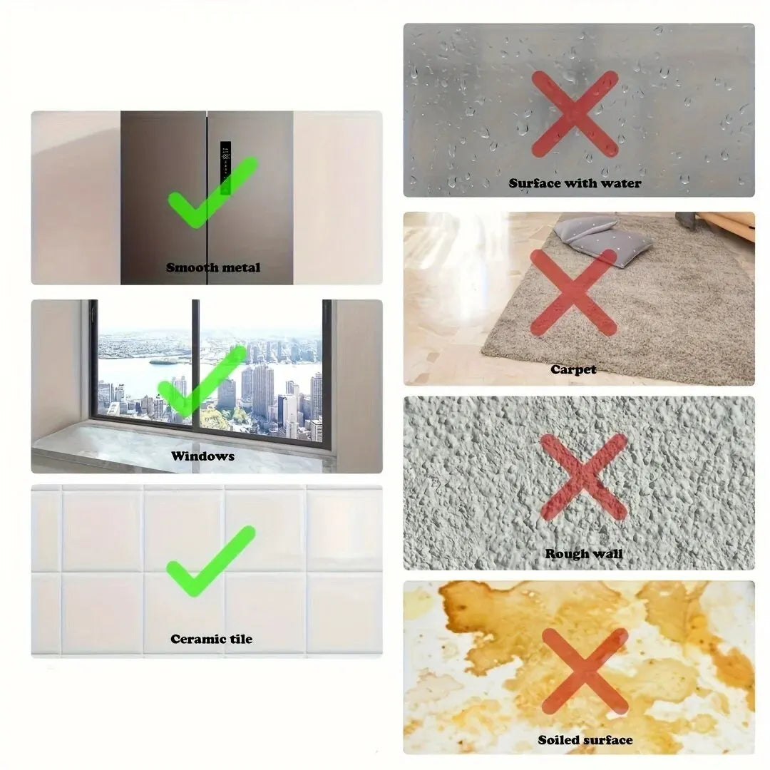 Image showing surfaces suitable or not suitable for a product use, with indications for smooth metal, windows, and ceramic tile.