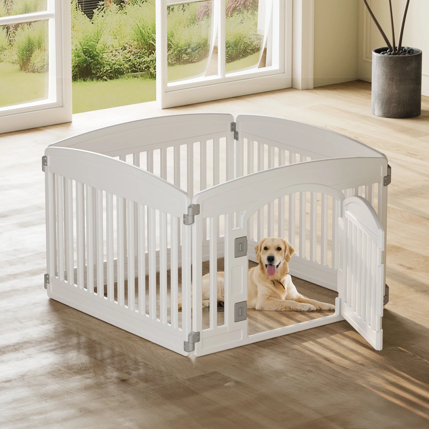 dog playpen 6 panel fence with a golden retriever inside, perfect for safe indoor play and exploration.