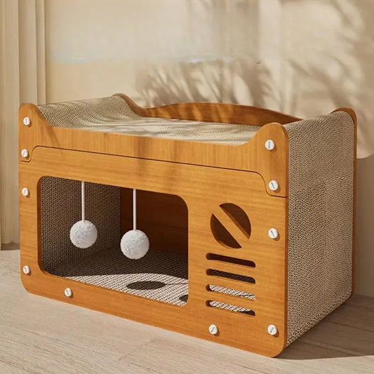 chew proof scratching board for cats designed for play, scratch, and cozy relaxation with a hideout.