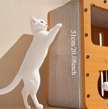 Chew proof scratching board for cats with a playful white cat reaching up.