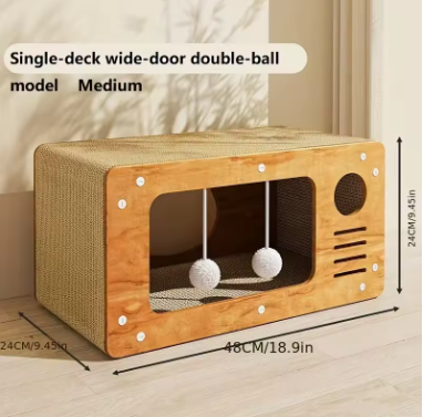 chew proof scratching board for cats - single-deck wide-door double-ball cat house design with lounging space.