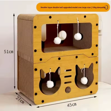 chew proof scratching board for cats in a cozy cat house design with playful hanging toys and scratch board.