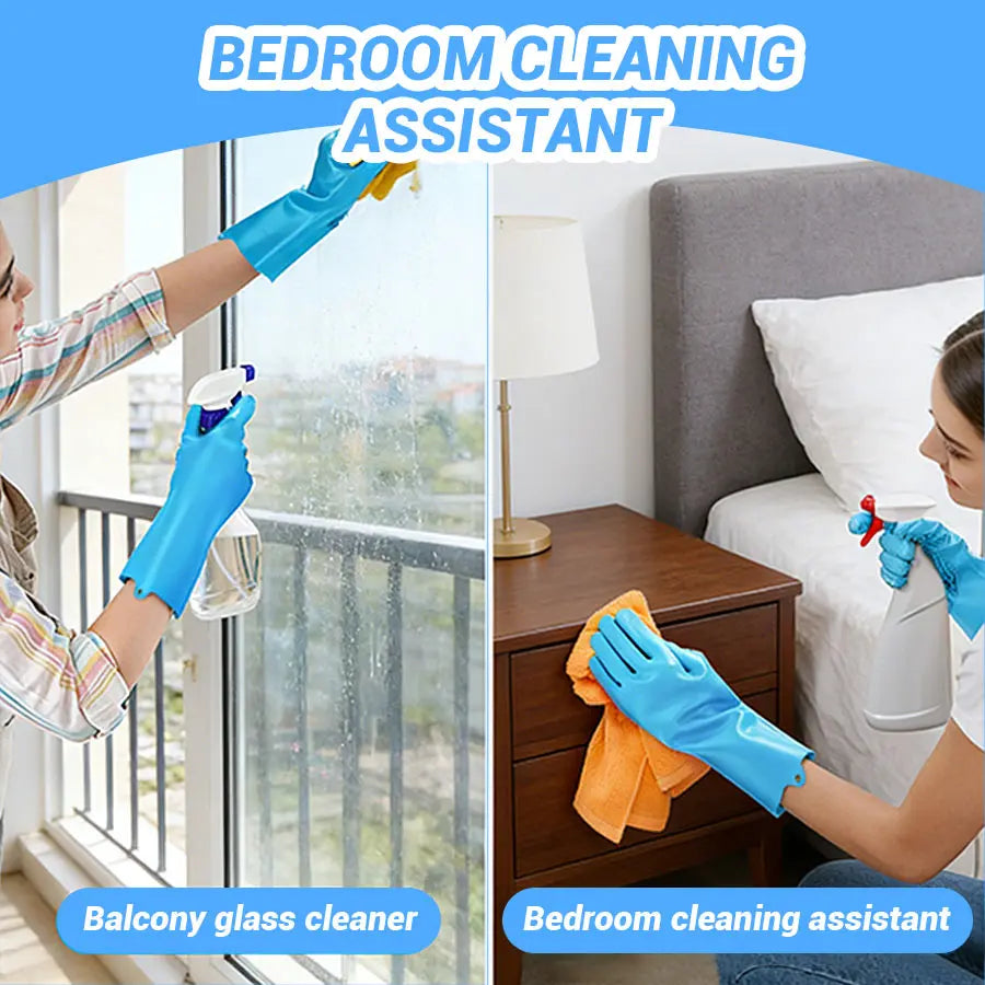 Bedroom cleaning assistant using gloves for balcony glass cleaning and bedroom surface cleaning.