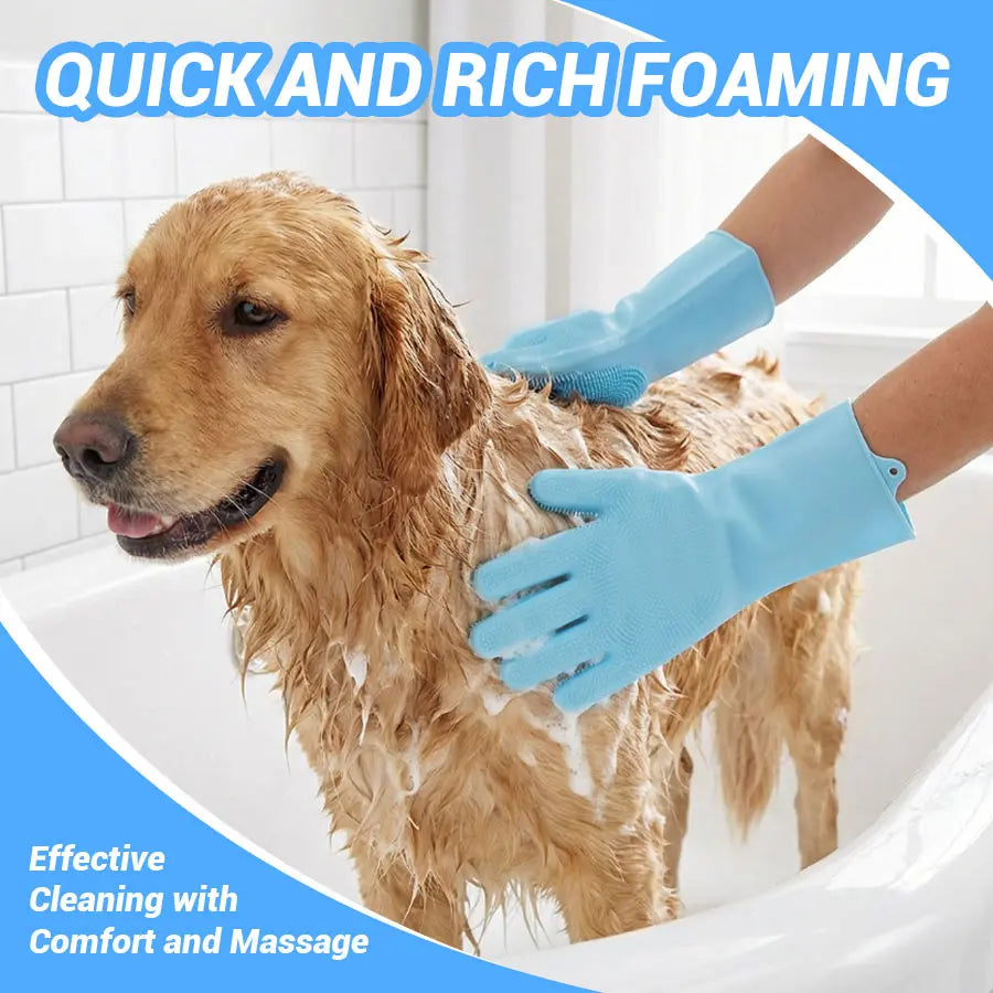 Upgraded Pet Hair Remover Gloves | Gentle Deshedding Grooming Tool | Dogs Cats Horses Long & Short Hair Care in use on a golden retriever.