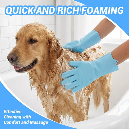 Upgraded Pet Hair Remover Gloves | Gentle Deshedding Grooming Tool | Dogs Cats Horses Long & Short Hair Care in use on a golden retriever.