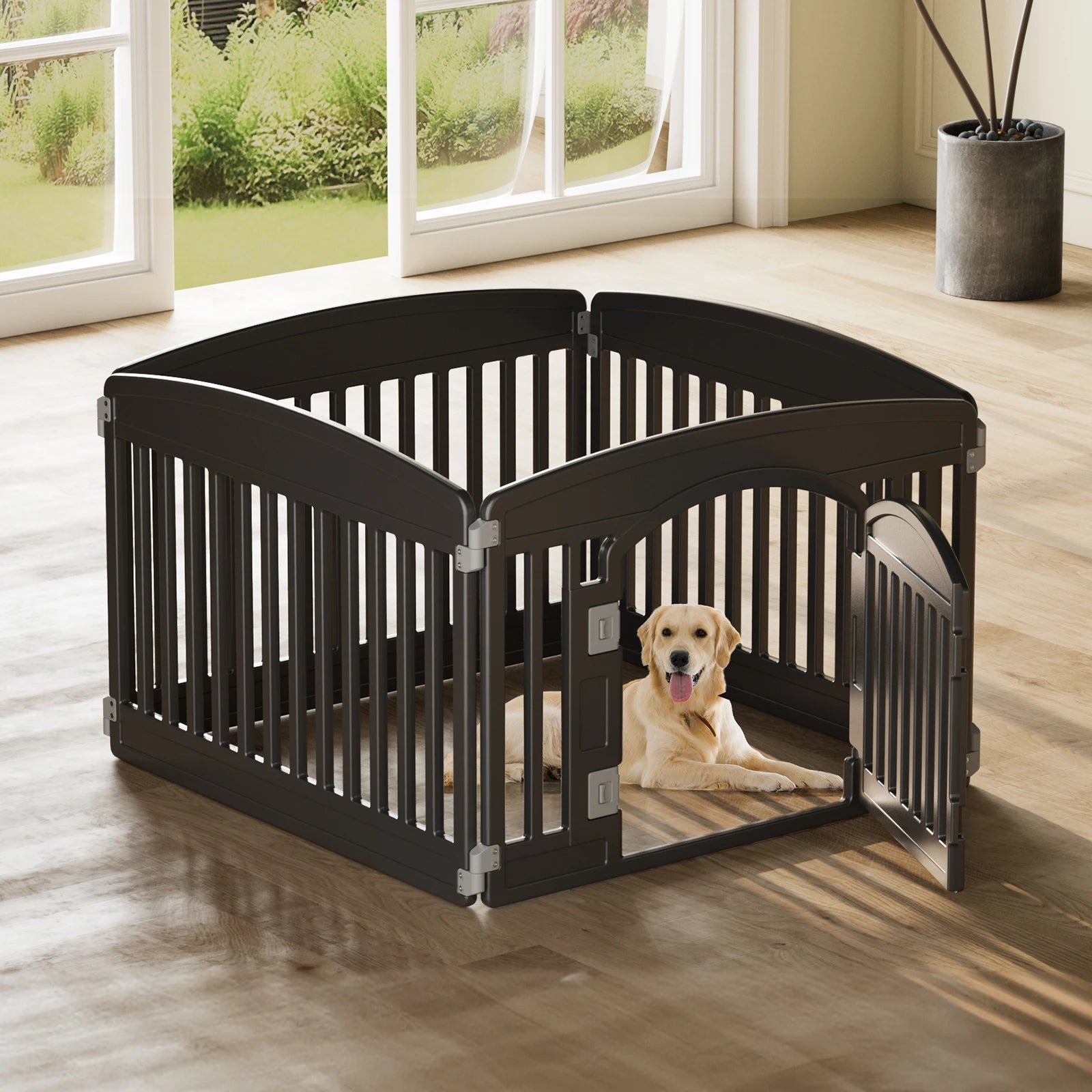 dog playpen 6 panel fence with puppy resting inside, ideal for indoor and outdoor use.