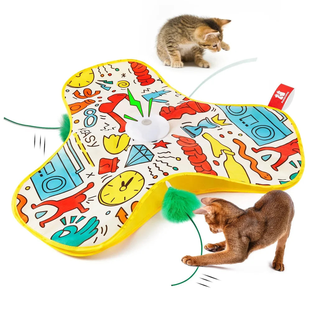 Interactive Cat Toy (Hide & Seek Mouse) with colorful design and playful kittens engaging in fun activities.