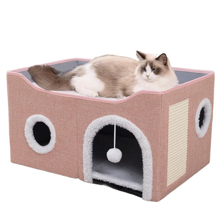 chew proof scratching board for cats with cozy hideout and scratching area.