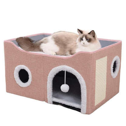 chew proof scratching board for cats with cozy hideout and scratching area.